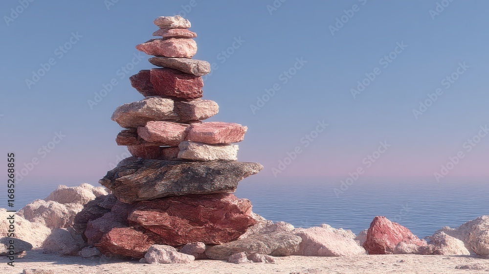 Poster balanced stack of rocks on a beach representing intelligent portfolio adjustment and risk rebalancin