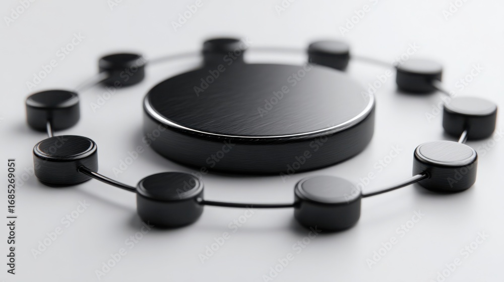 Poster minimalist black object resting on white surface representing ai trading cycle node logic execution 