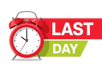 A red alarm clock with last day text on a transparent background, indicating a deadline