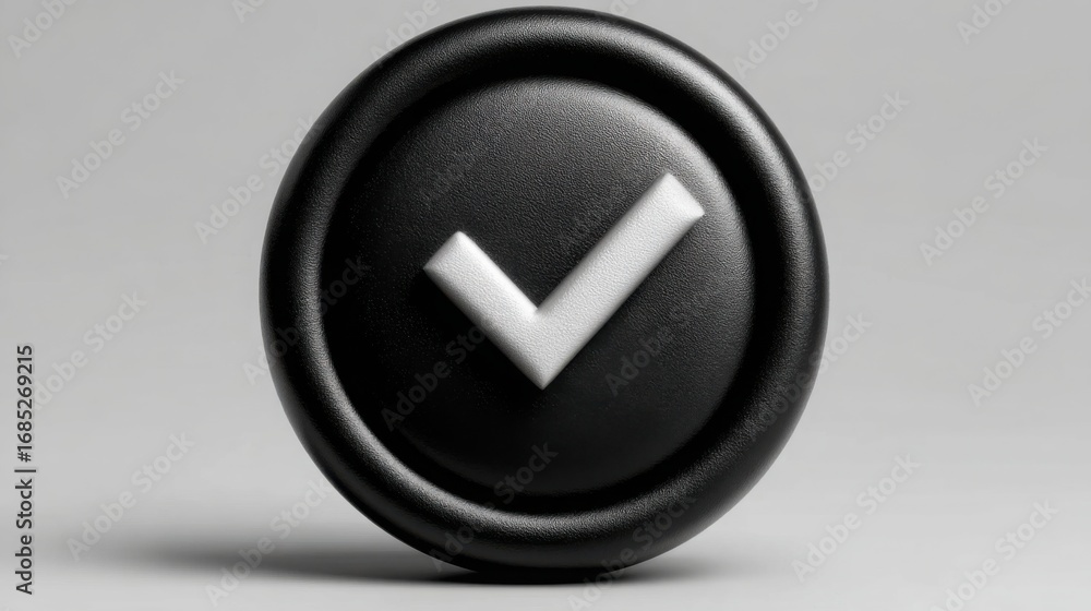 Poster black button featuring white tick symbol representing ai trust computation concept for data-verified