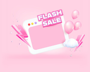 Flash sale banner template for promotion voucher discount and pink color with thunderbolt, balloon and cloud.