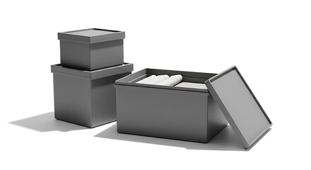 Illustration of stack of gray storage boxes, one open revealing contents