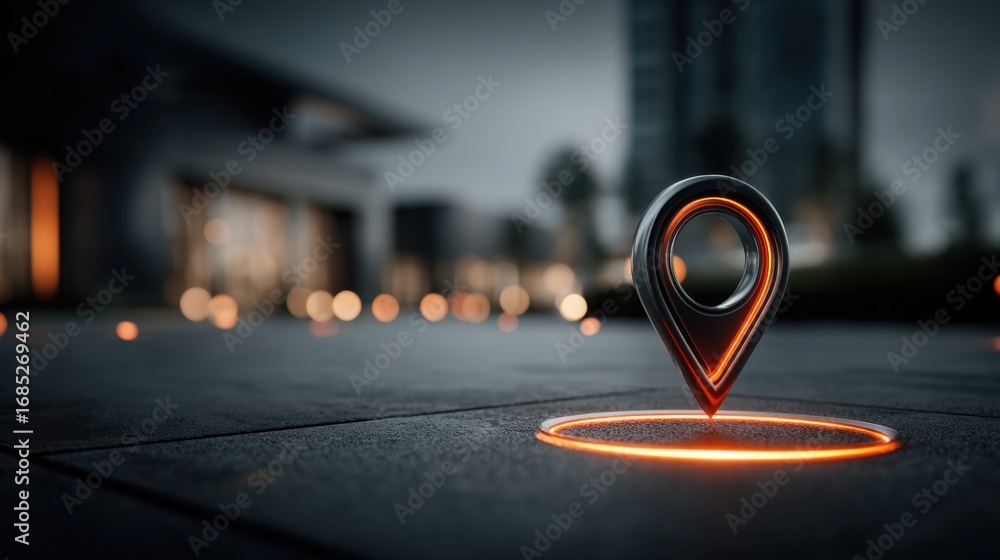 Poster navigation pin positioned on a street indicating location for mapping and directions in urban enviro