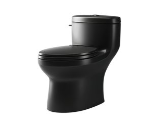 Contemporary black toilet with angular tank and smooth lid, minimalist style, isolated on transparent background.
