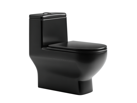 Sleek matte black toilet with compact build and clean design lines, isolated on transparent background.

