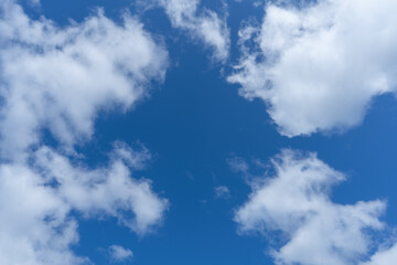 Blue sky with white clouds. Daytime sky. Background, overlay. High quality photo