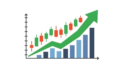 A financial chart showing a strong upward trend with candlestick patterns and a rising green arrow.