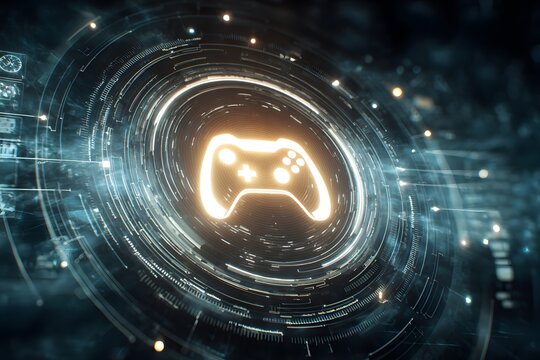 A glowing game controller icon in the center of an abstract digital circle, surrounded by circuit patterns and futuristic tech elements, 