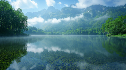 Foggy mountain lake with calm water and lush green forest