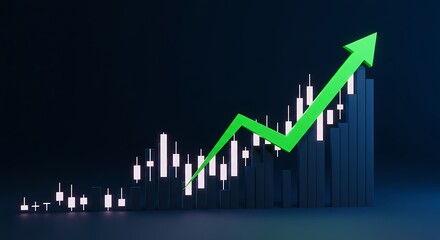 Green arrow pointing upwards on a candlestick chart, representing financial growth.