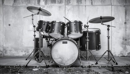A Striking Black and White Image of a Full Drum Kit Against a Grungy Wall