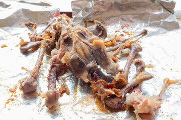 top view roasted chicken bones