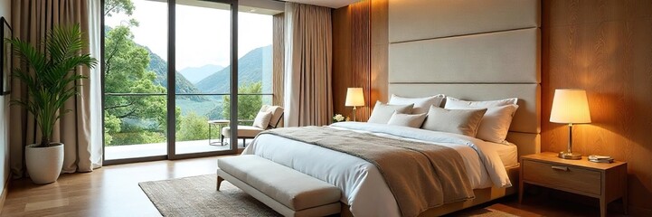 Luxurious master bedroom with king-size bed, plush bedding, and large windows offering natural light  Perfect for interior design inspiration , lamps, carpet