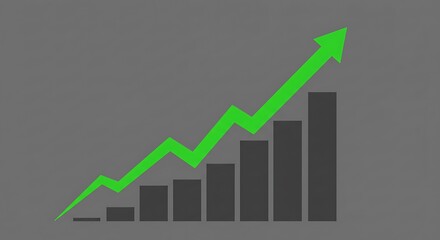 A visual representation of financial growth and positive market trends, featuring a rising bar chart and an upward green arrow line graph on a grey background.