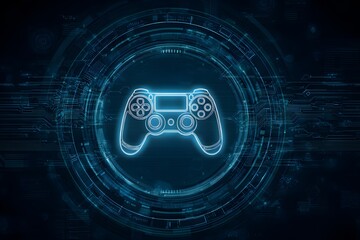 A glowing game controller icon in the center of an abstract digital circle, surrounded by circuit patterns and futuristic tech elements, 