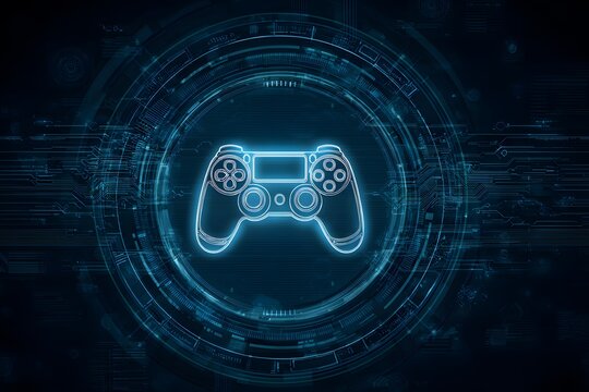 A glowing game controller icon in the center of an abstract digital circle, surrounded by circuit patterns and futuristic tech elements, 