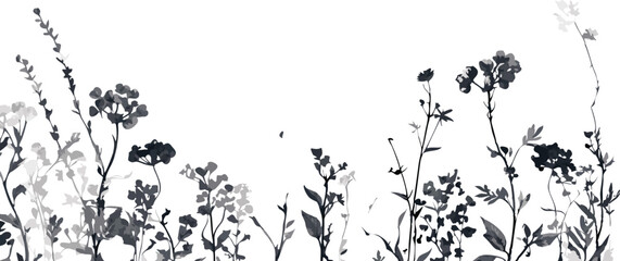 Delicate black and white silhouette of wildflowers against a bright white background