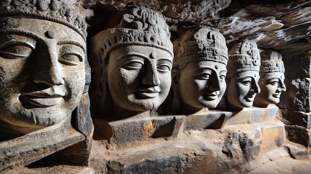Ancient rock cut sculptures depict deities inside a cave temple, showcasing intricate craftsmanship and historic significance