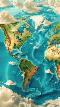 Earth map with ocean floor and clouds