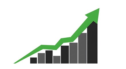 A bar chart with an upward-pointing green arrow symbolizing business growth, financial progress, and positive market trends.