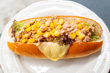 angle view fresh cheesy tuna and corn hot dog