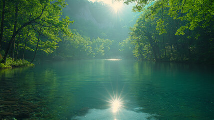 Calm lake reflecting sunrise in serene forest landscape