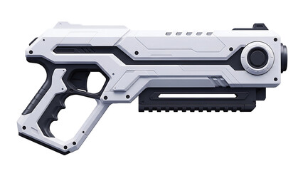 Futuristic white gun blaster weapon sci fi pistol firearm concept design illustration render for games 3d on transparent background