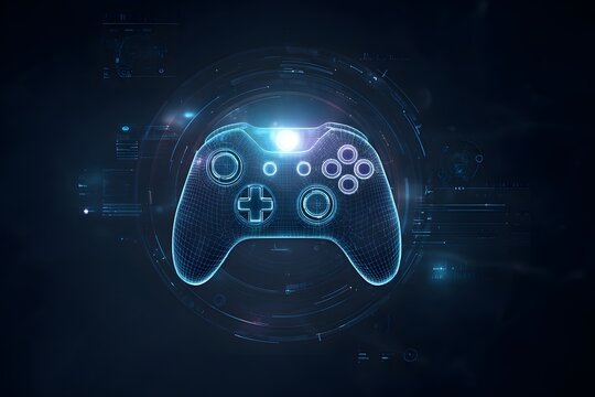 A glowing game controller icon in the center of an abstract digital circle, surrounded by circuit patterns and futuristic tech elements, 