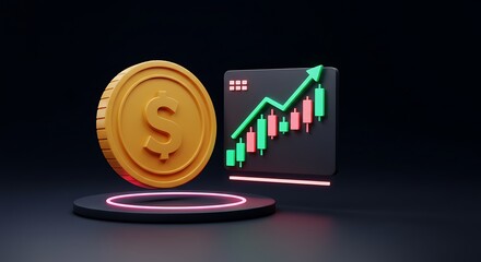 Gold coin and financial chart graphic design, showing investment growth.