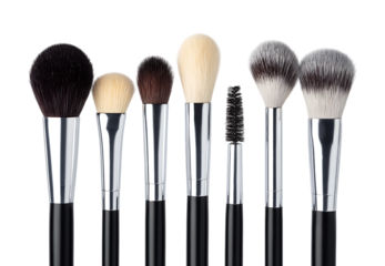 A luxurious collection of professional makeup brushes, including various face and eye brushes isolated on a transparent background