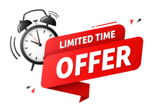 Limited time offer with clock isolated on transparent background