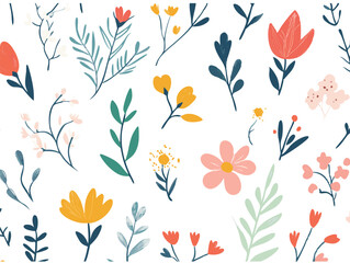 Whimsical hand drawn botanical floral seamless pattern with delicate flowers and leaves