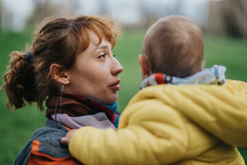 A mother lovingly interacts with her child outdoors on a calm day in a park. The warm connection...