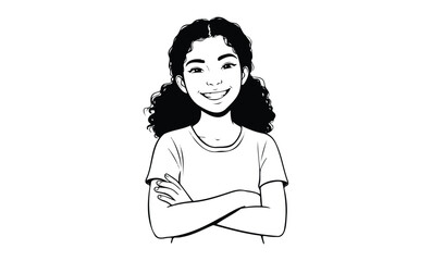 Smiling young female with curly hair and arms crossed in black and white illustration. Vector retro hand drawn illustration