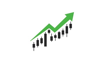 A green upward arrow with a candlestick chart representing financial market growth.