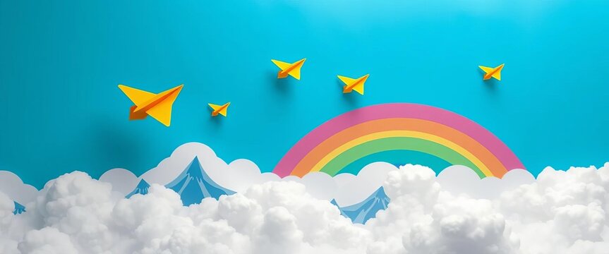 Vibrant paper cut airplanes soar above rainbow clouds and mountains, abstract, red - Powered by Adobe