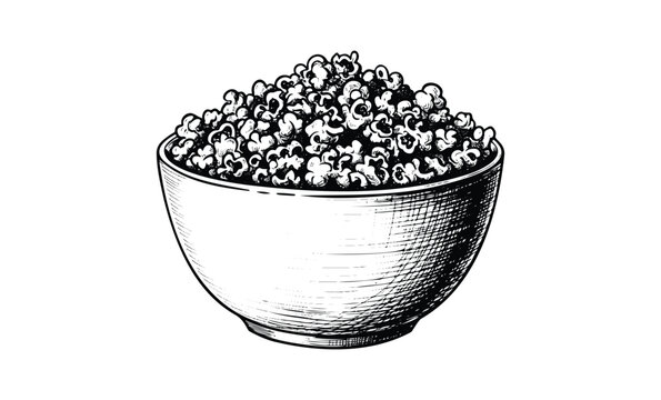 Detailed black and white bowl of popcorn sketch with intricate lines. Vector retro hand drawn illustration