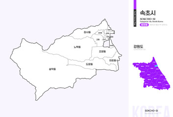 Obraz premium 강원도 속초시 행정동 윤곽선 지도