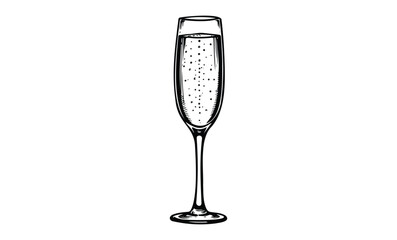 Elegant black and white champagne glass line art illustration with bubbles. Vector retro hand drawn illustration