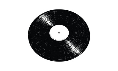 Black vinyl record on white background with visible grooves. Vector retro hand drawn illustration