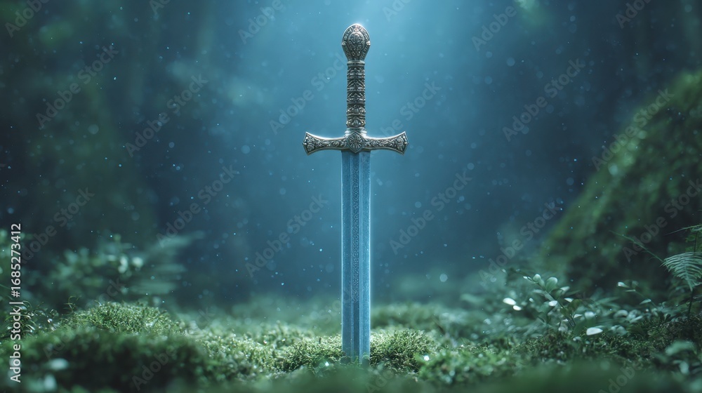 Poster enchanted sword stabbing firmly into lush green forest ground in mystical environment with soft atmo