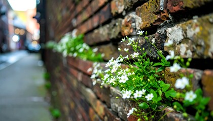 White flowers sprout from aged brick wall