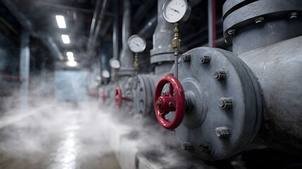 Row of industrial steam pipes with red valves and pressure gauges emitting mist in a dimly lit factory utility room showcasing essential
