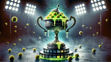 A trophy overflowing with glowing green tennis balls stands on a podium in a smoky arena.