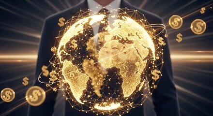 Global finance network connects economies, driving wealth and opportunity worldwide with glowing currency symbols