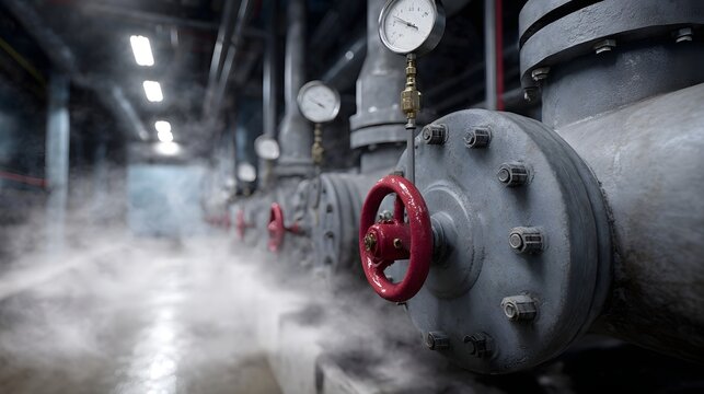 Row of industrial steam pipes with red valves and pressure gauges emitting mist in a dimly lit factory utility room showcasing essential - Powered by Adobe