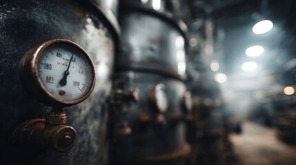 Close up of a vintage industrial pressure gauge on a dark rustic metal tank in a factory setting