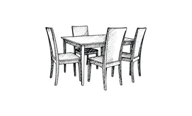 Hand-drawn dining table and chairs set sketch. Vector retro hand drawn illustration