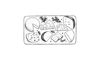 Hand-drawn cheese platter with various cheeses and herbs. Vector retro hand drawn illustration