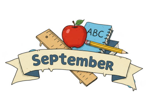 A banner with the word september, surrounded by school supplies isolated on transparent background - Powered by Adobe